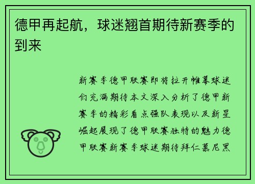 德甲再起航，球迷翘首期待新赛季的到来